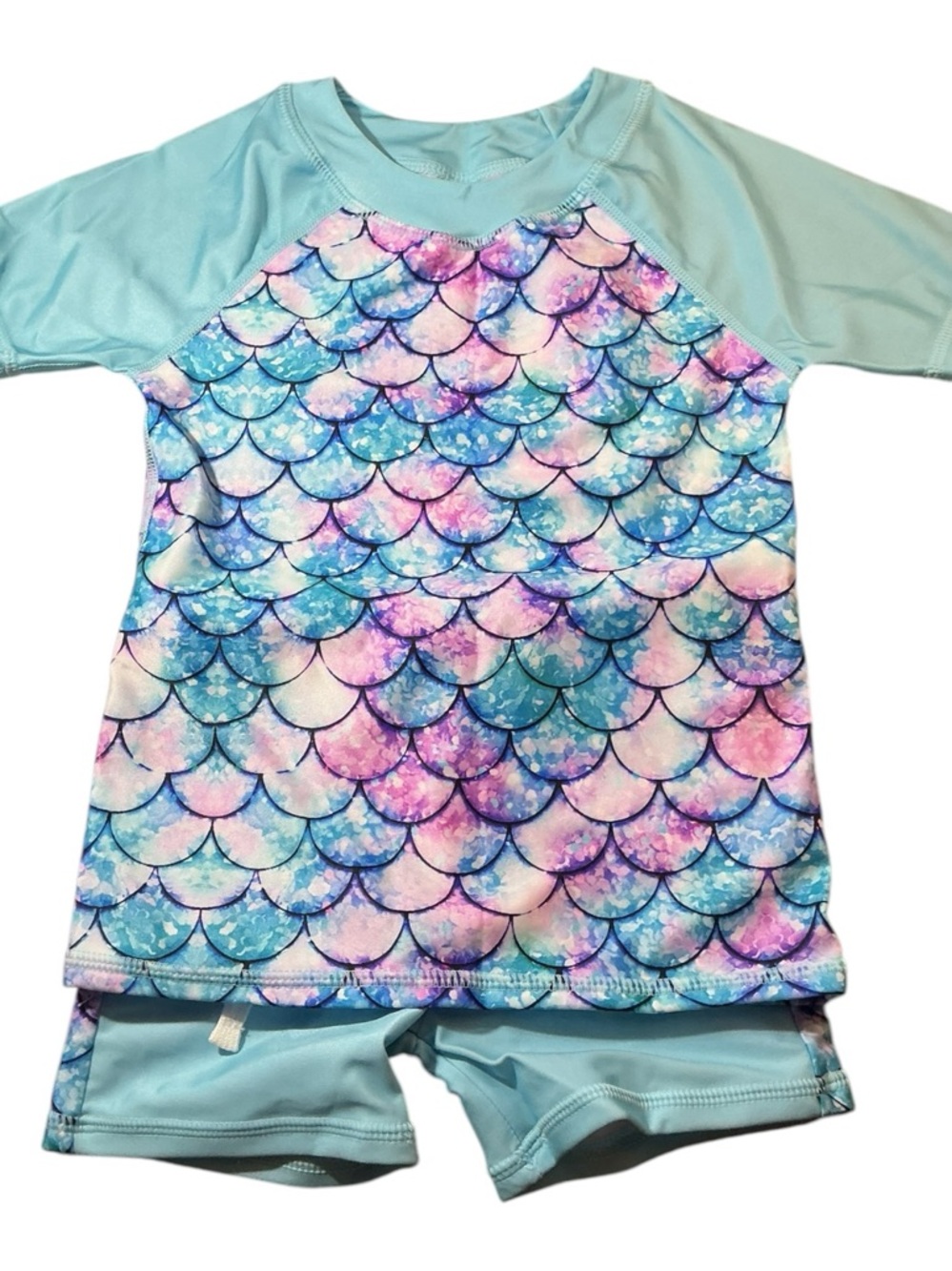 💟 Girls Swimsuit Mermaid Scale Rash Guard and Swim Shorts Two-Piece Set Size: L